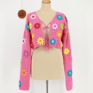 Shop Fluffy Pink Lady Garden Crochet Cardigan Small Handmade Festival Coachella